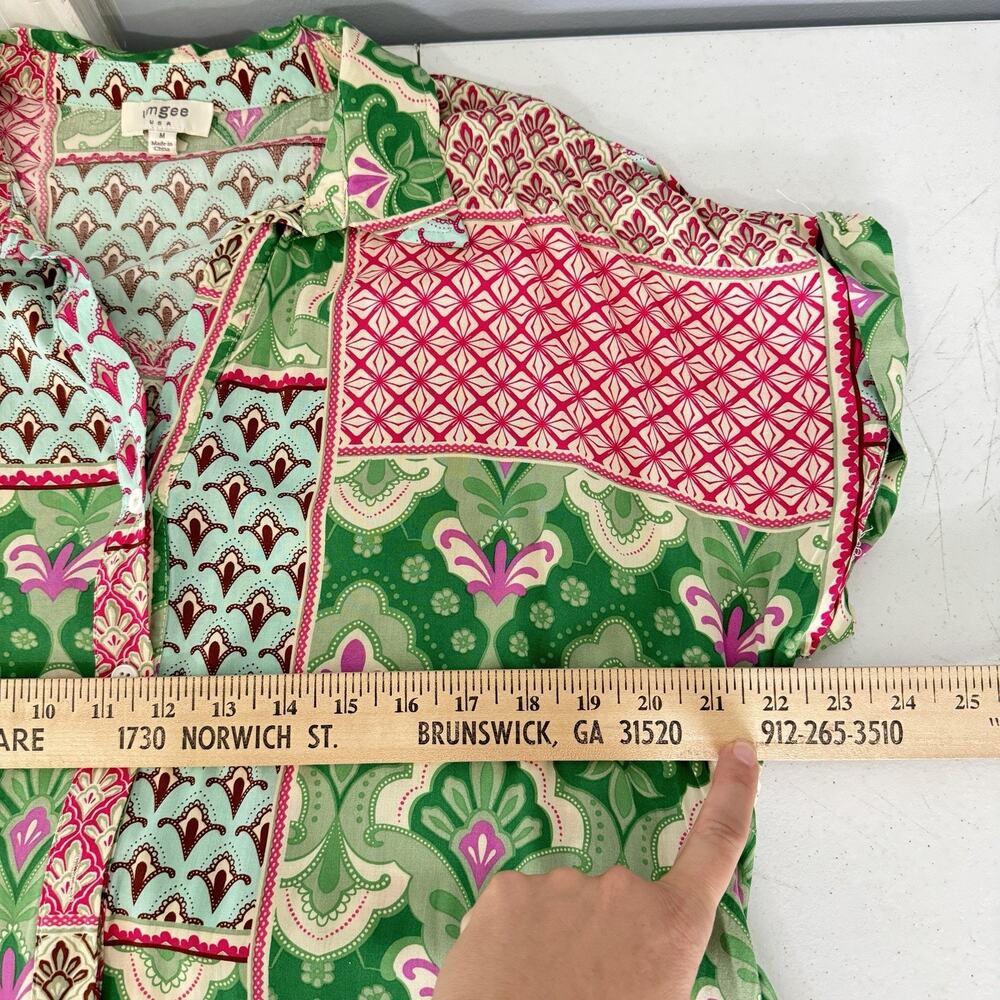Umgee Patchwork Mixed Print Midi Dress Sz M Pink Green Floral Boho Beachy Artsy - Picture 14 of 15